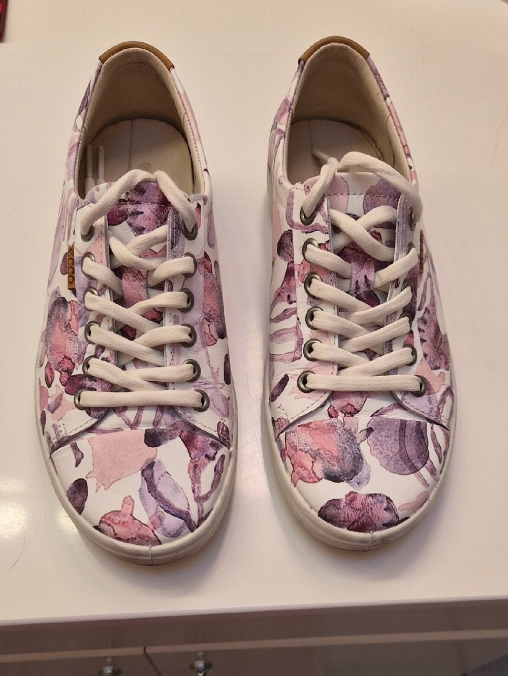 Ecco Women's White Sneakers with Pink and Purple Floral Print